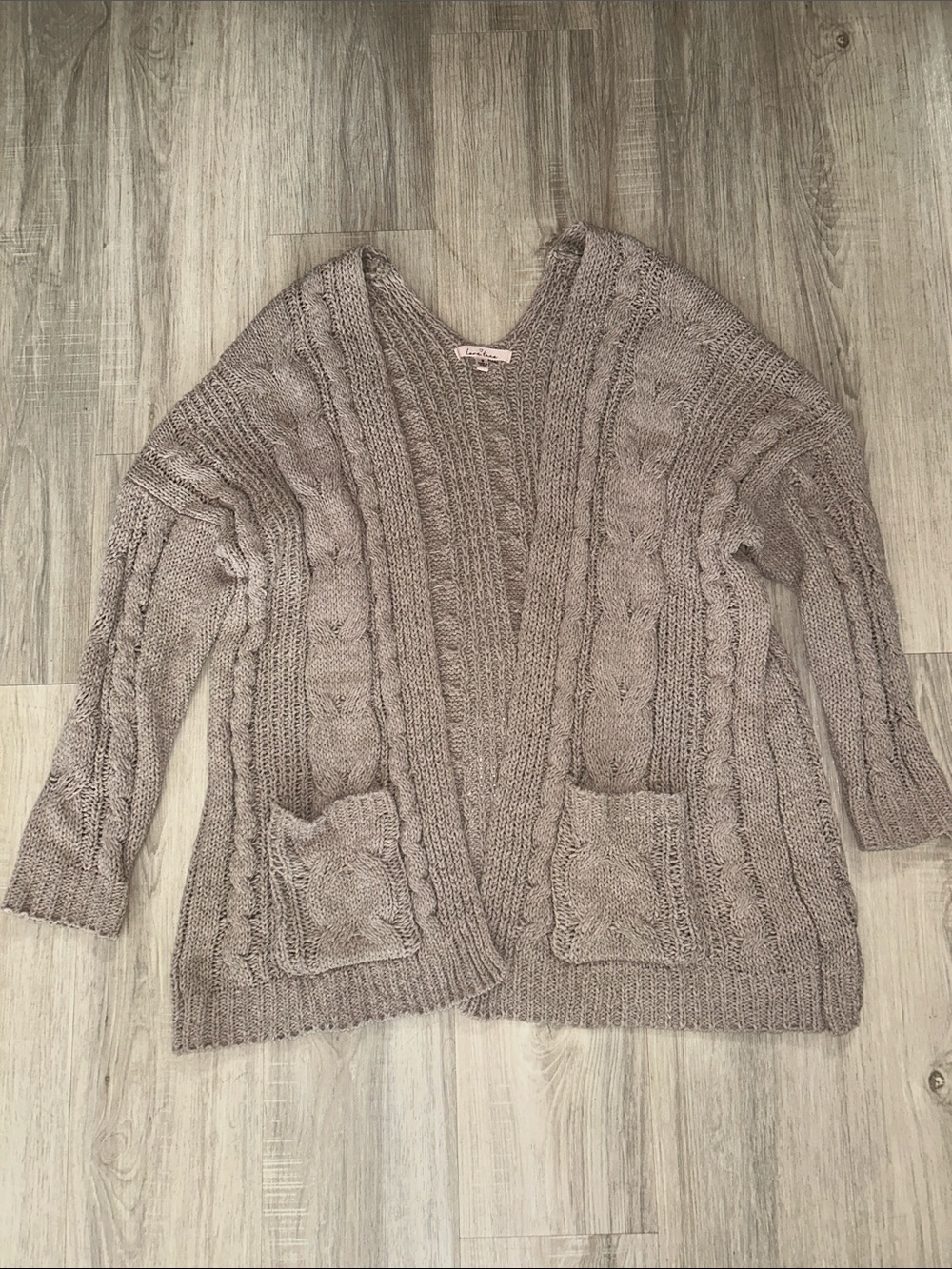 Relaxed Taupe Cable-Knit Open Cardigan with Patch Pockets